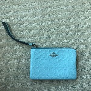 Coach Corner Zip Wristlet in Signature Leather (light blue)